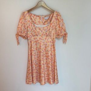 Orange, yellow, with notes of lilac floral mini dress A-line fit